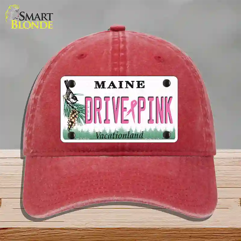 Drive Pink Maine Novelty License Plate Hat Unconstructed Cotton / Red