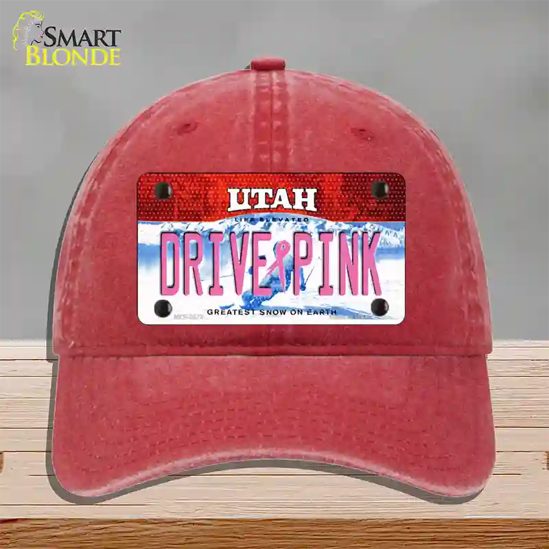 Drive Pink Utah Novelty License Plate Hat Unconstructed Cotton / Red