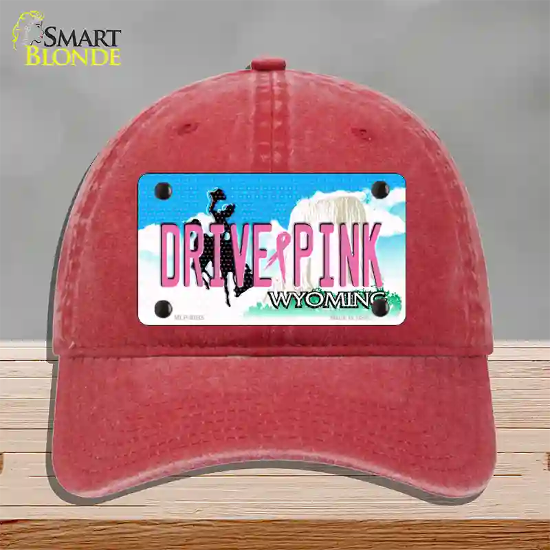 Drive Pink Wyoming Novelty License Plate Hat Unconstructed Cotton / Red