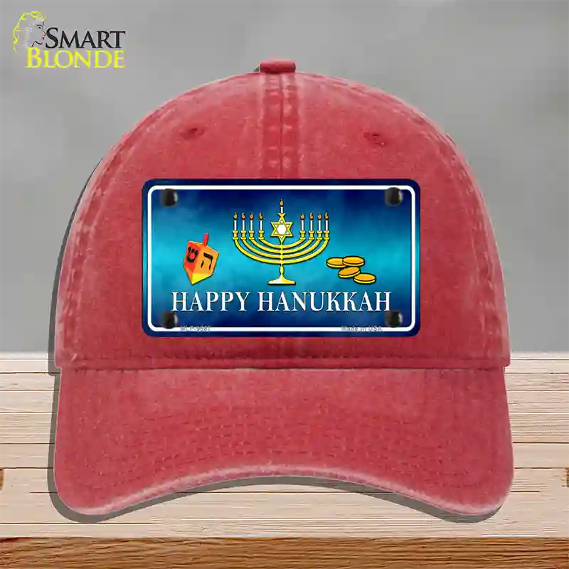 Happy Hanukkah Novelty License Plate Hat Unconstructed Cotton / Red