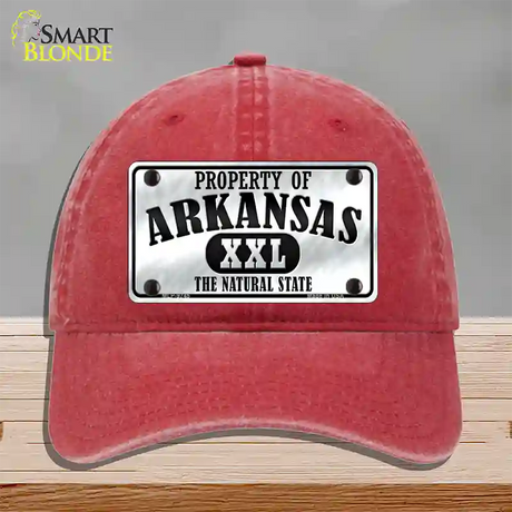 Property Of Arkansas Novelty License Plate Hat Unconstructed Cotton / Red