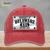 Property Of Delaware Novelty License Plate Hat Unconstructed Cotton / Red