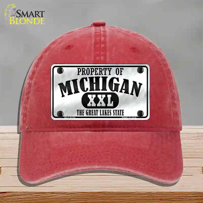 Property Of Michigan Novelty License Plate Hat Unconstructed Cotton / Red