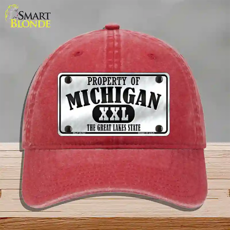 Property Of Michigan Novelty License Plate Hat Unconstructed Cotton / Red