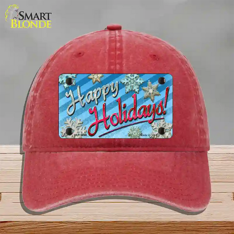 Happy Holidays Blue Novelty License Plate Hat Unconstructed Cotton / Red