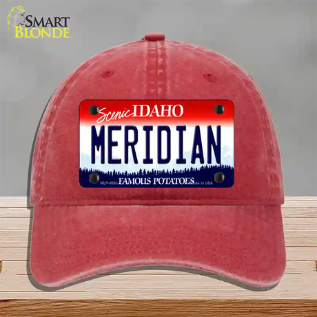 Meridian Idaho Novelty License Plate Hat Unconstructed Cotton / Red