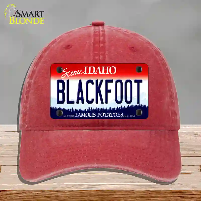 Blackfoot Idaho Novelty License Plate Hat Unconstructed Cotton / Red