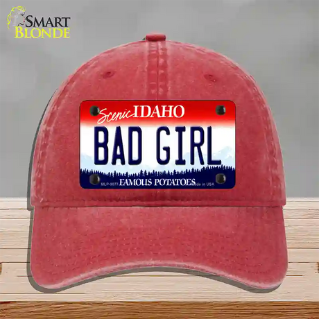 Bad Girl Idaho Novelty License Plate Hat Unconstructed Cotton / Red