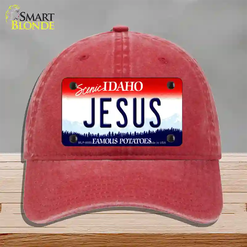 Jesus Idaho Novelty License Plate Hat Unconstructed Cotton / Red