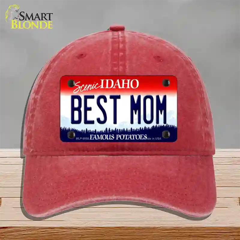 Best Mom Idaho Novelty License Plate Hat Unconstructed Cotton / Red