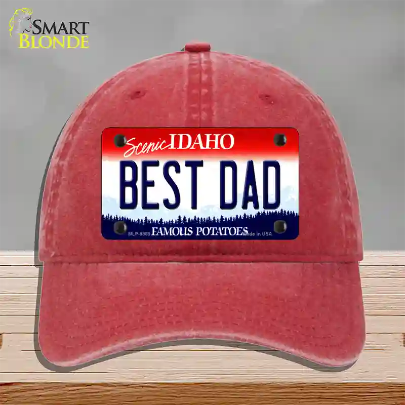 Best Dad Idaho Novelty License Plate Hat Unconstructed Cotton / Red