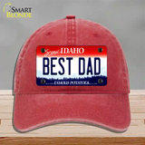 Best Dad Idaho Novelty License Plate Hat Unconstructed Cotton / Red