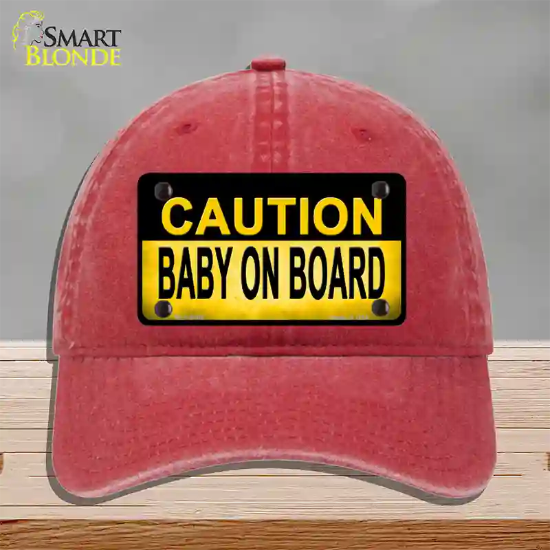 Caution Baby On Board Novelty License Plate Hat Unconstructed Cotton / Red