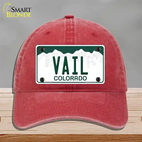 Vail Colorado Novelty License Plate Hat Unconstructed Cotton / Red