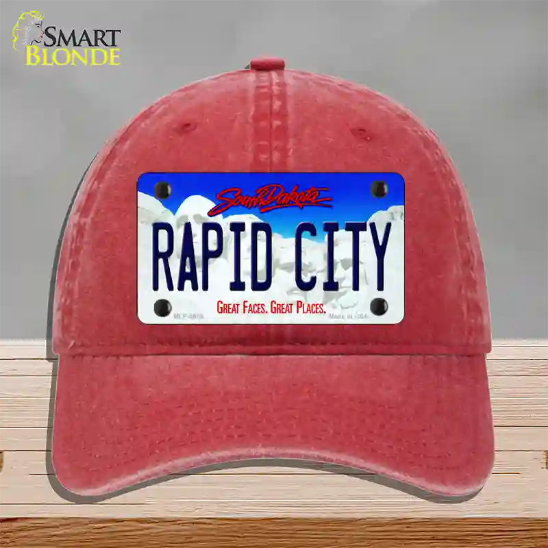 Rapid City South Dakota Novelty License Plate Hat Unconstructed Cotton / Red