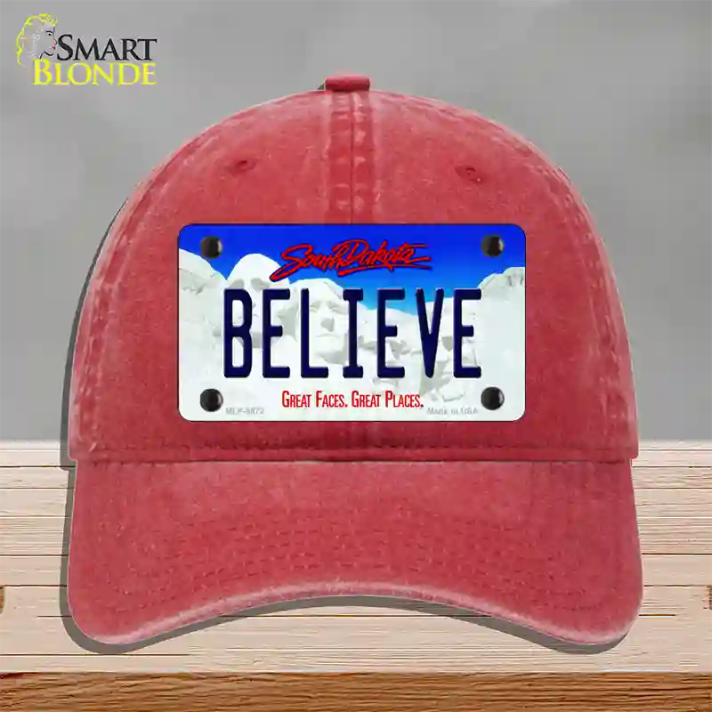 Believe South Dakota Novelty License Plate Hat Unconstructed Cotton / Red