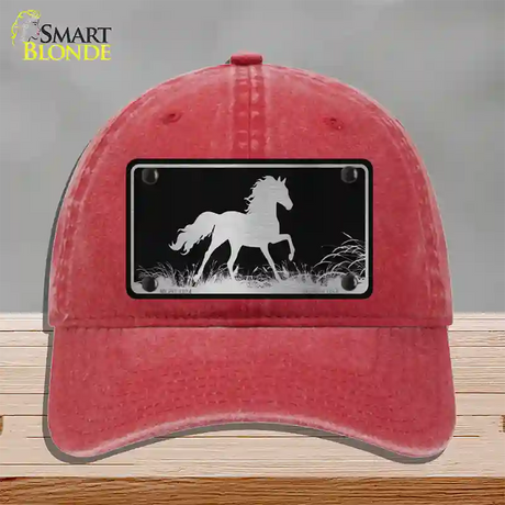 Horse Black Brushed Chrome Novelty License Plate Hat Unconstructed Cotton / Red