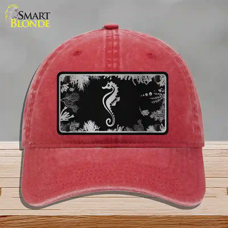 Sea Horse Black Brushed Chrome Novelty License Plate Hat Unconstructed Cotton / Red