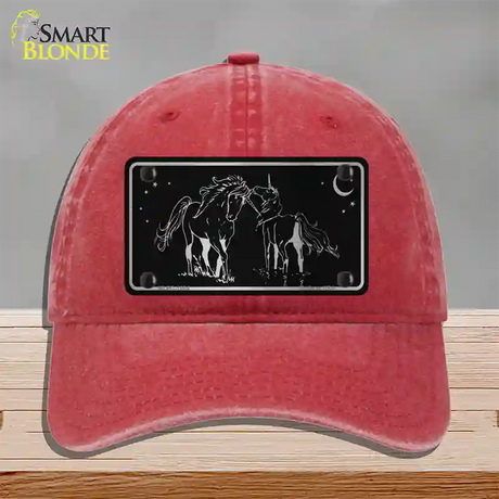 Unicorns Black Brushed Chrome Novelty License Plate Hat Unconstructed Cotton / Red