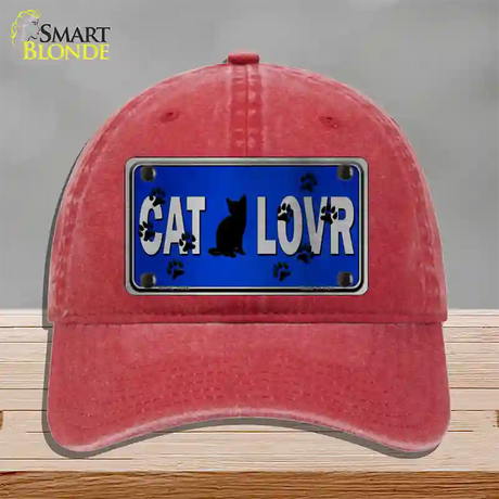 Cat Lover Blue Brushed Chrome Novelty License Plate Hat Tag Unconstructed Cotton / Red