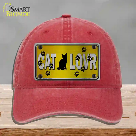 Cat Lover Yellow Brushed Chrome Novelty License Plate Hat Tag Unconstructed Cotton / Red