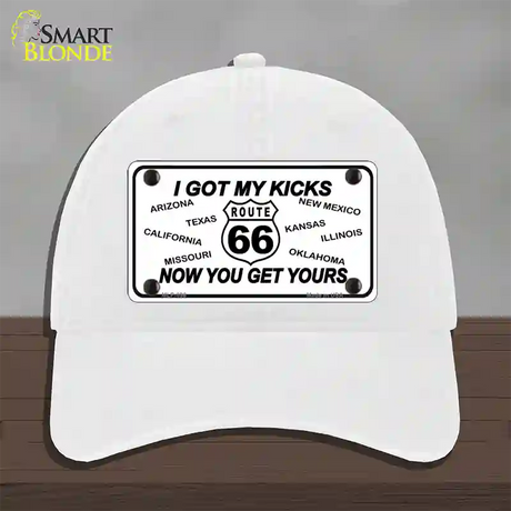 I Got My Kicks Novelty License Plate Hat Unconstructed Cotton / White