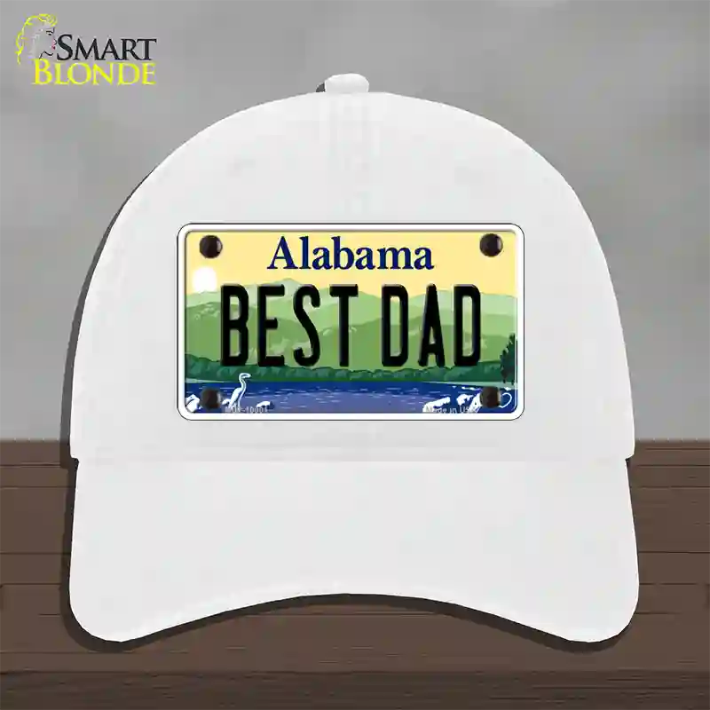 Best Dad Alabama Novelty License Plate Hat Unconstructed Cotton / White