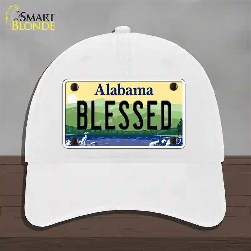 Blessed Alabama Novelty License Plate Hat Unconstructed Cotton / White