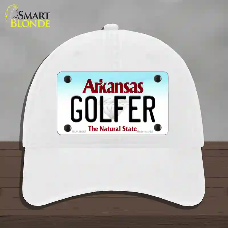 Golfer Arkansas Novelty License Plate Hat Unconstructed Cotton / White