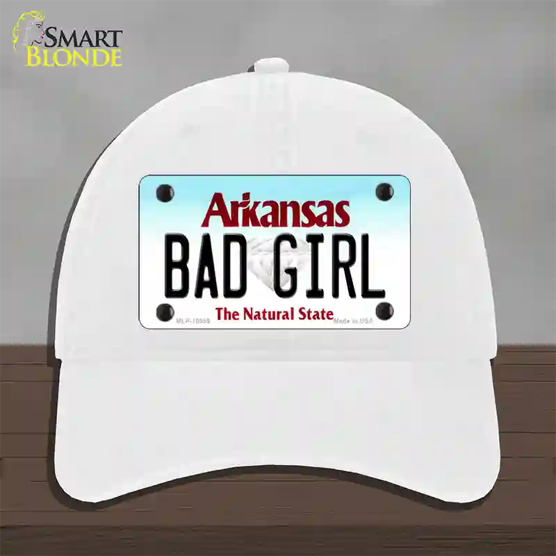 Bad Girl Arkansas Novelty License Plate Hat Unconstructed Cotton / White