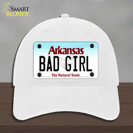 Bad Girl Arkansas Novelty License Plate Hat Unconstructed Cotton / White