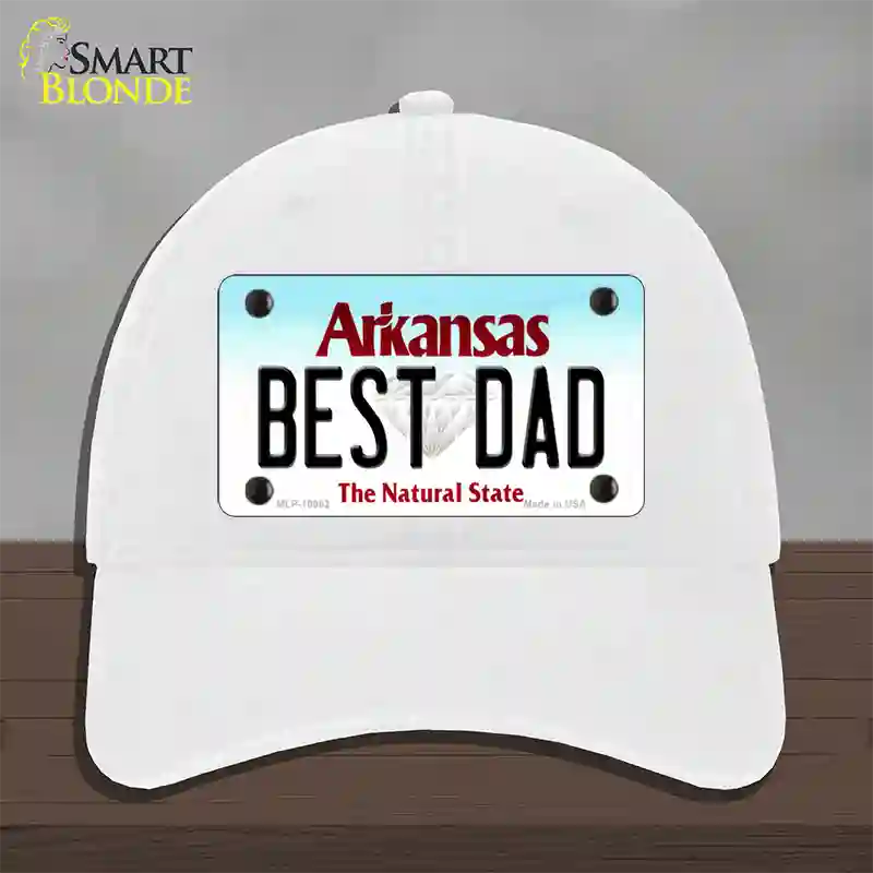 Best Dad Arkansas Novelty License Plate Hat Unconstructed Cotton / White