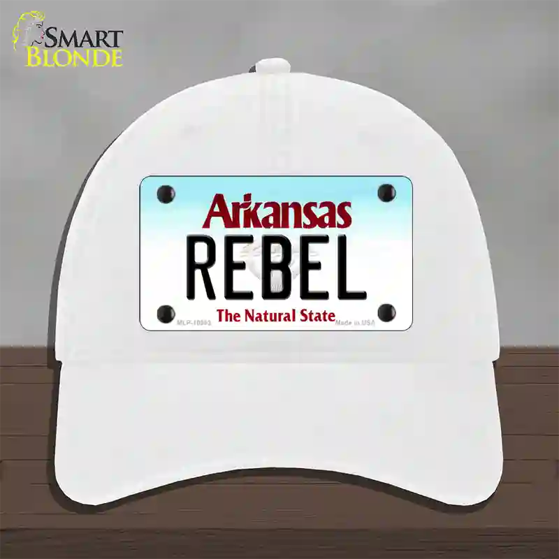 Rebel Arkansas Novelty License Plate Hat Unconstructed Cotton / White