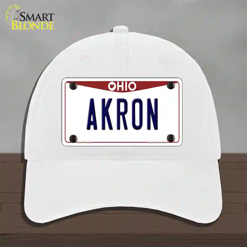 Akron Ohio Novelty License Plate Hat Unconstructed Cotton / White