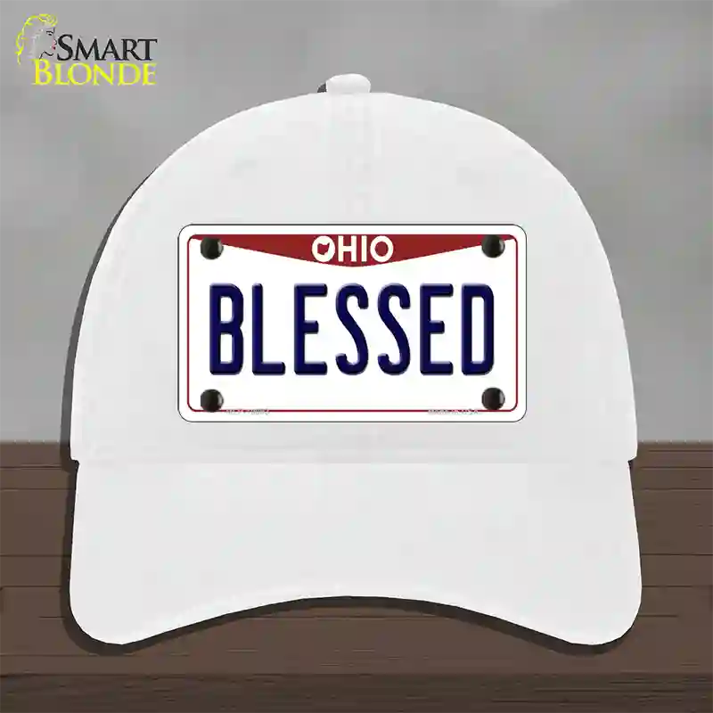 Blessed Ohio Novelty License Plate Hat Unconstructed Cotton / White