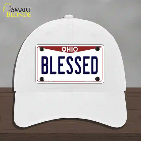 Blessed Ohio Novelty License Plate Hat Unconstructed Cotton / White