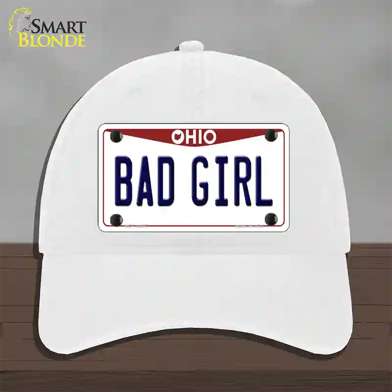 Bad Girl Ohio Novelty License Plate Hat Unconstructed Cotton / White