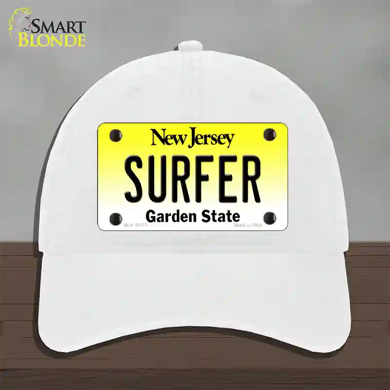 Surfer New Jersey Novelty License Plate Hat Unconstructed Cotton / White