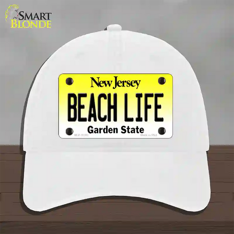 Beach Life New Jersey Novelty License Plate Hat Unconstructed Cotton / White