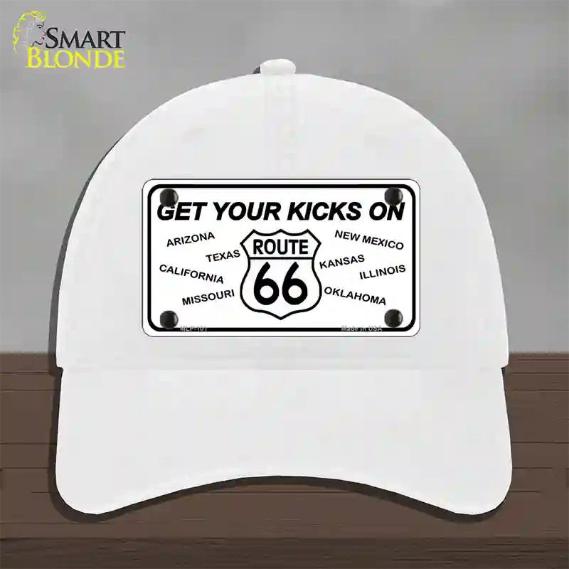 Get Your Kicks On 66 Novelty License Plate Hat Unconstructed Cotton / White