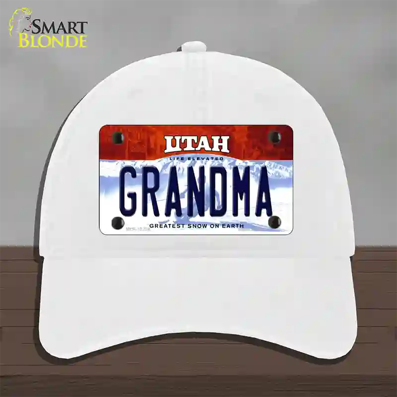 Grandma Utah Novelty License Plate Hat Unconstructed Cotton / White