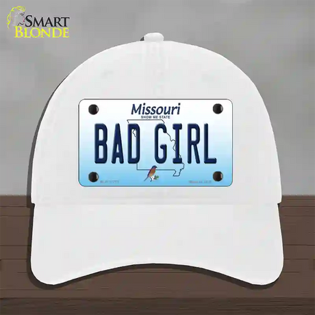 Bad Girl Missouri Novelty License Plate Hat Unconstructed Cotton / White