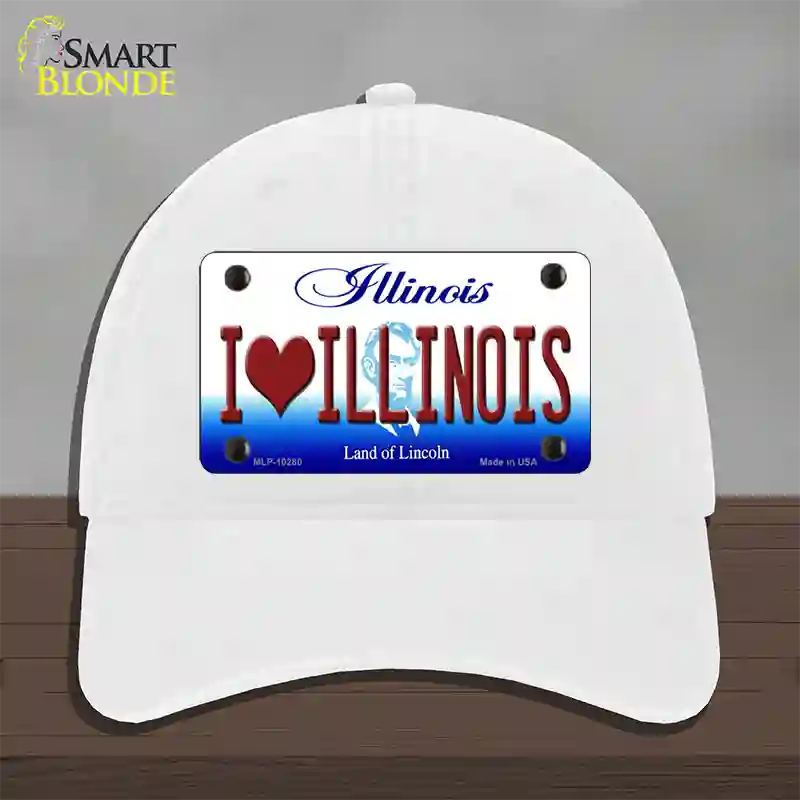 I Love Illinois Novelty License Plate Hat Unconstructed Cotton / White