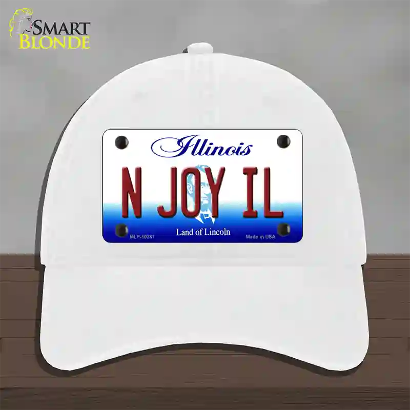 N Joy IL Illinois Novelty License Plate Hat Unconstructed Cotton / White