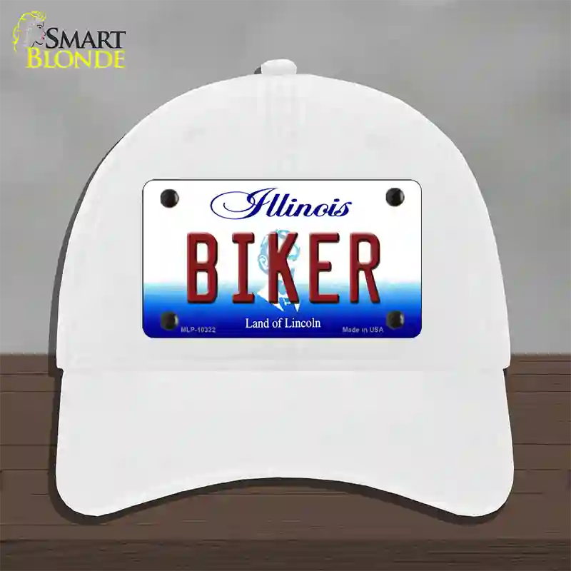 Biker Illinois Novelty License Plate Hat Unconstructed Cotton / White