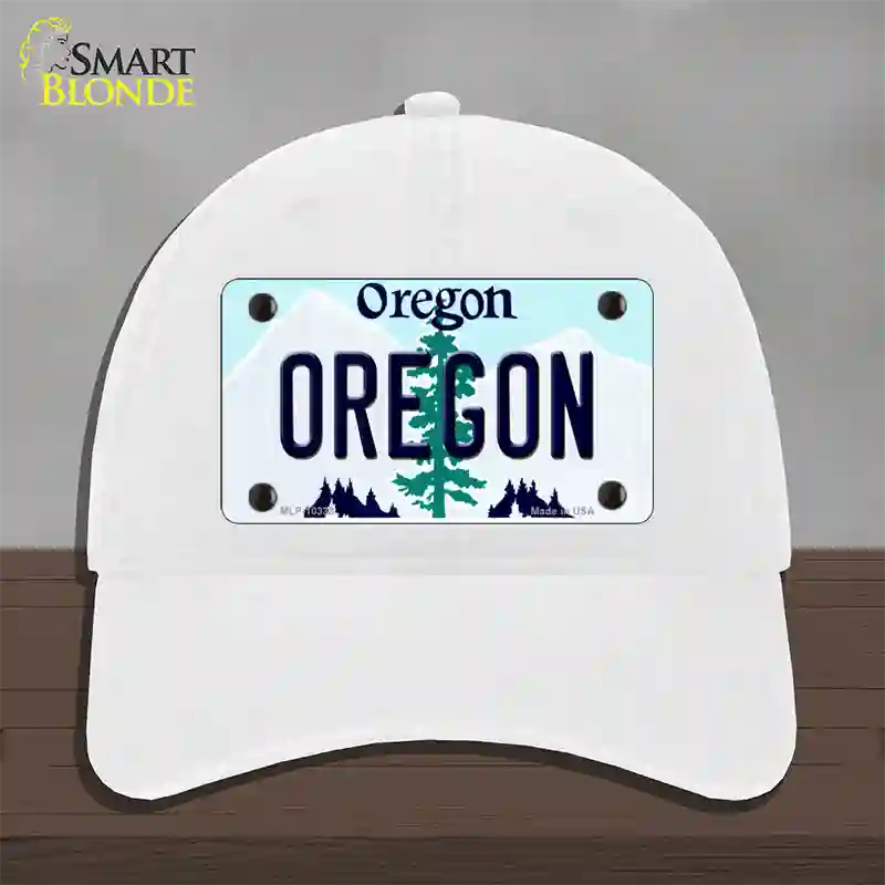 Oregon Tree Novelty License Plate Hat Unconstructed Cotton / White