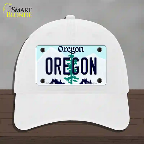 Oregon Tree Novelty License Plate Hat Unconstructed Cotton / White