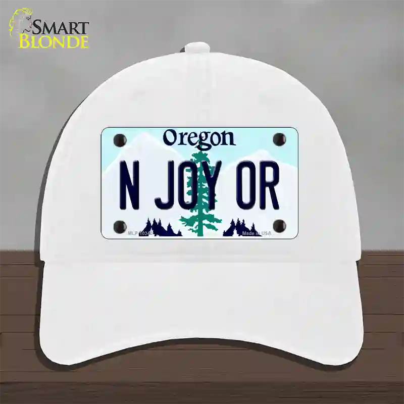 N Joy OR Oregon Novelty License Plate Hat Unconstructed Cotton / White