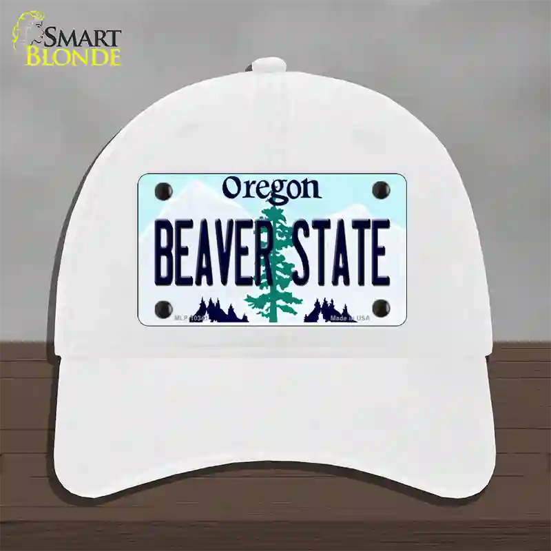 Beaver State Oregon Novelty License Plate Hat Unconstructed Cotton / White