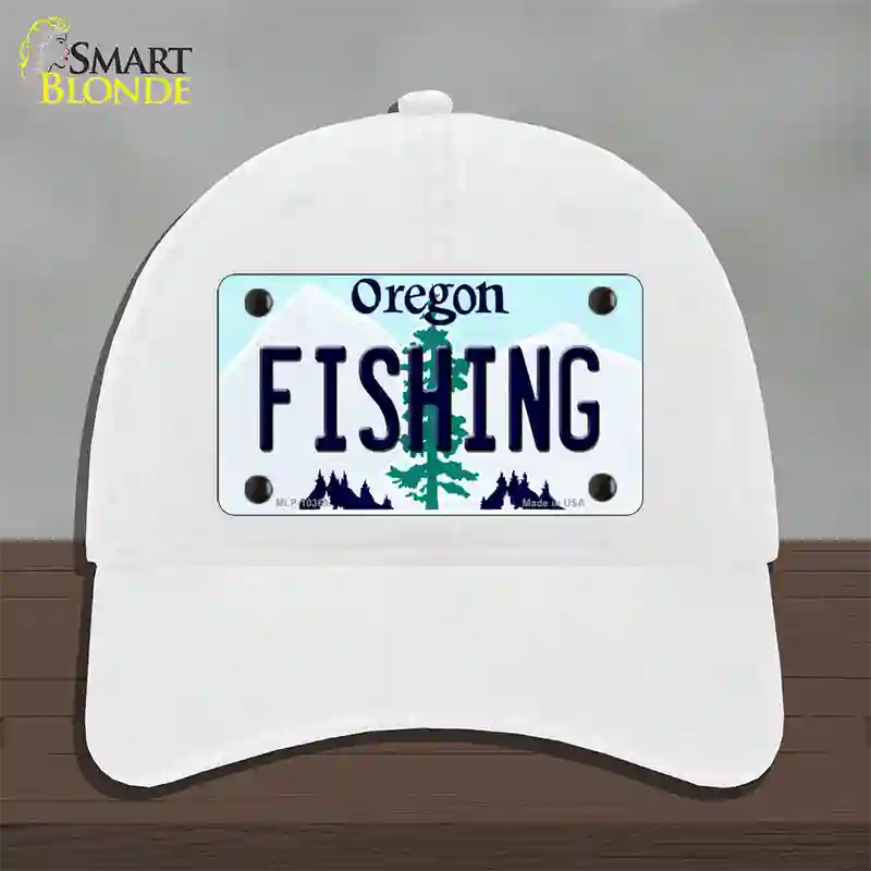 Fishing Oregon Novelty License Plate Hat Unconstructed Cotton / White